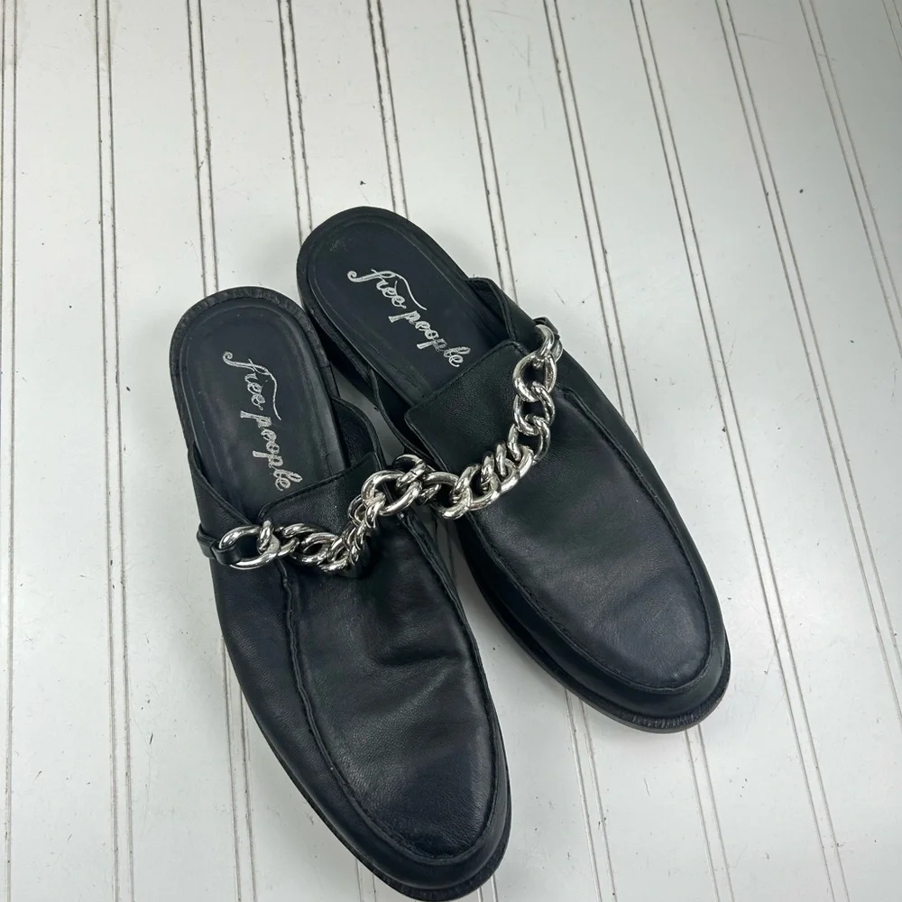 Free People Black Leather Vida Mules Chain-Detail Mule Loafers Women’s Size 9.5 - Picture 10 of 10